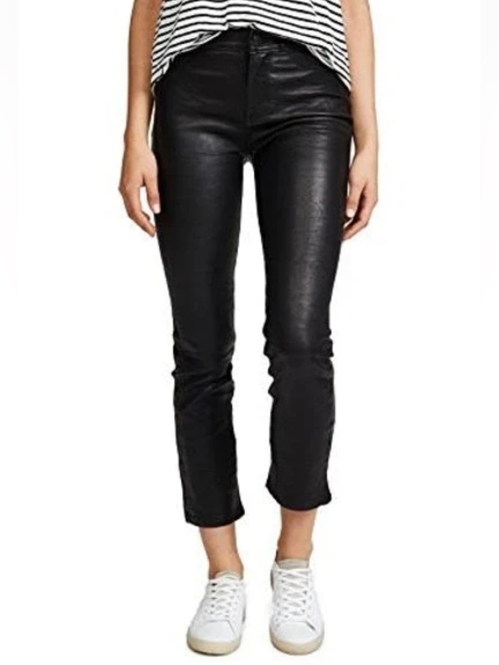 NWOT PAIGE Jacqueline Straight Jeans Black Leather Casual Biker Women’s Moto 27